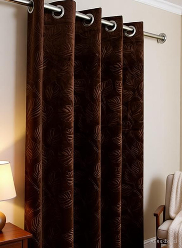 Stackers 213 cm (7 ft) Door Velvet Room Darkening Curtain Single Curtain(Brown, Floral)