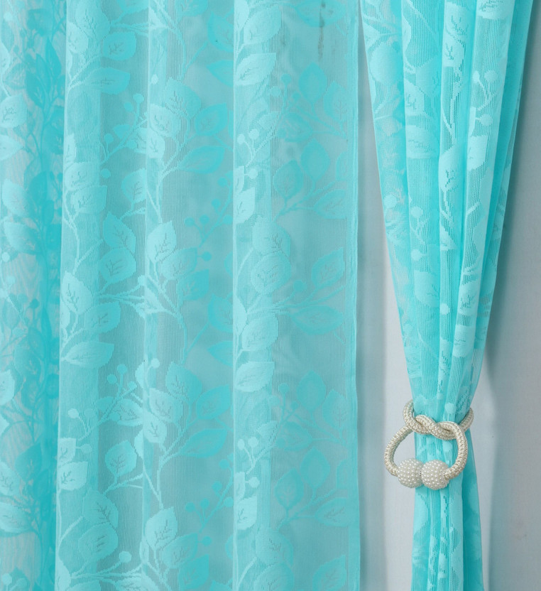 Homefab India 213.36 cm (7 ft) Door Polyester Transparent Curtain (Pack Of 2)(Aqua Blue, Floral)