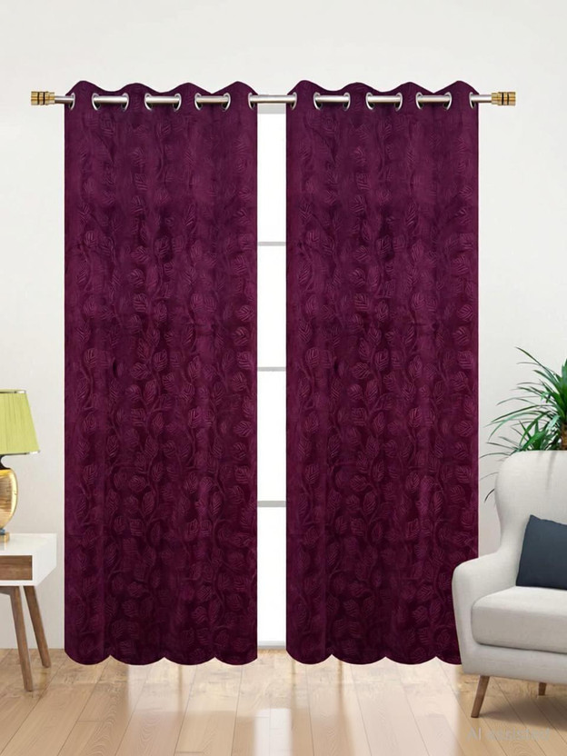 Stackers 152 cm (5 ft) Window Velvet Room Darkening Curtain (Pack Of 2)(Wine, Floral)