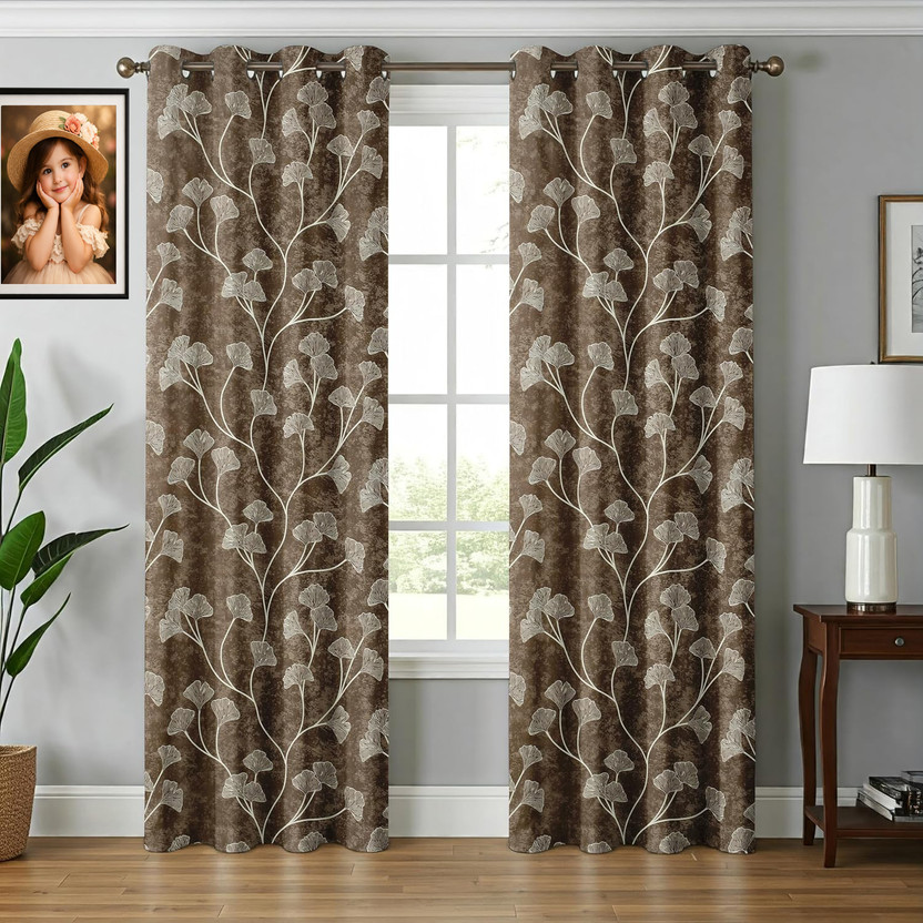 MKNOIR 152 cm (5 ft) Window Polyester Room Darkening Curtain (Pack Of 2)(Brown, Printed)