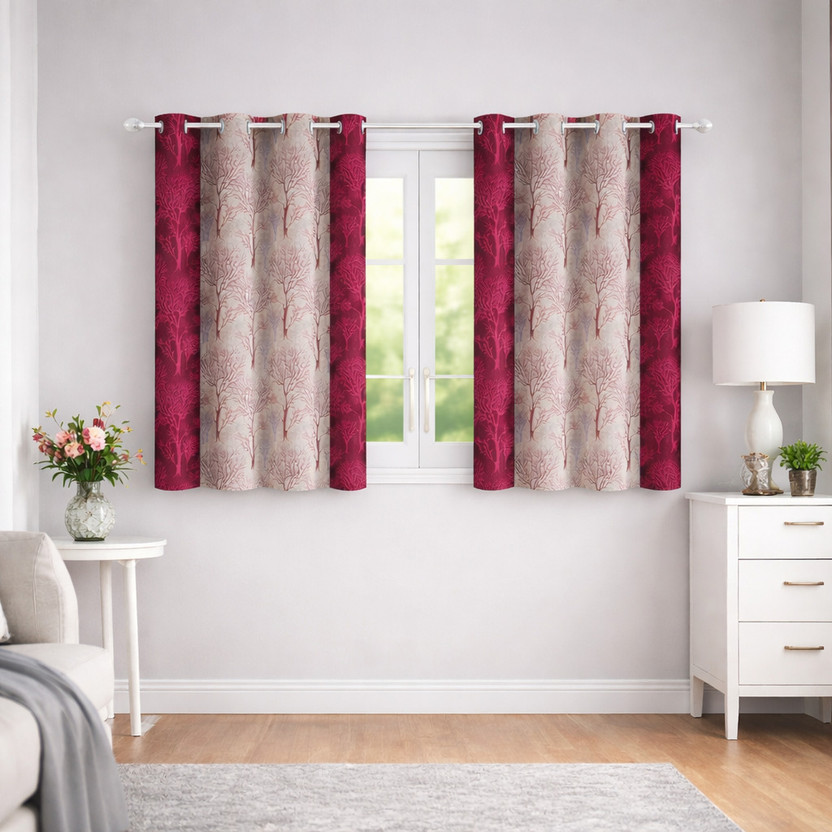 Blissful Creations 152 cm (5 ft) Window Polyester Semi Transparent Curtain (Pack Of 2)(Red & Beige, Floral)