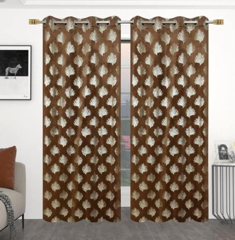 Easy To Shop 152.4 cm (5 ft) Window Velvet Blackout Curtain (Pack Of 2)(Brown Big Leaf, Floral)