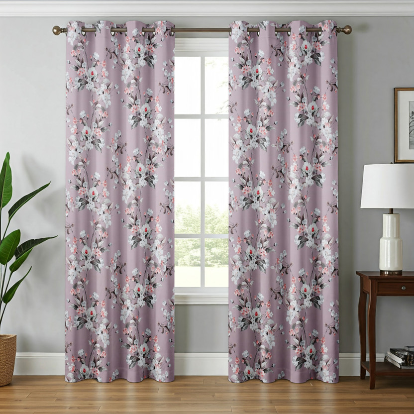 Kraftiq Homes 214 cm (7 ft) Door Polyester Blackout Curtain (Pack Of 2)(Wine, Floral)