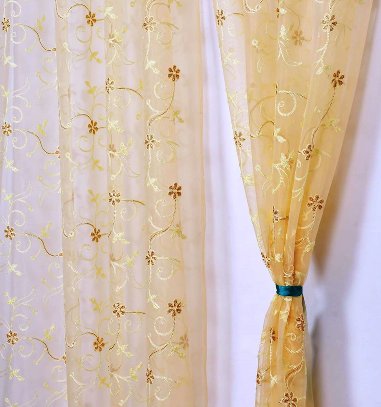 Brand Roots 214 cm (7 ft) Door Net Semi Transparent Curtain (Pack Of 2)(Beige, Embroidered)