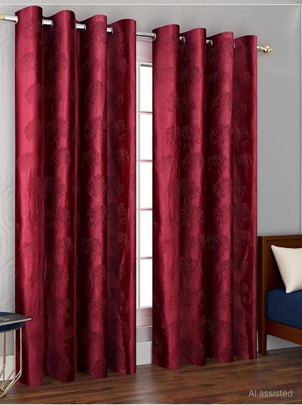 DTODEXPRESS 152.4 cm (5 ft) Window Polyester Room Darkening Curtain (Pack Of 2)(Maroon, Floral)