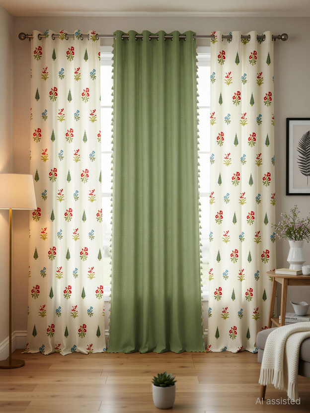 Urban Space 213 cm (7 ft) Door Cotton Room Darkening Curtain (Pack Of 3)(Green, White, Printed)