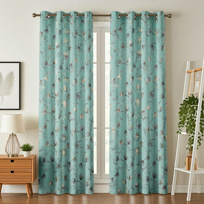 Decralom 152.4 cm (5 ft) Long Door Velvet Blackout Curtain (Pack Of 2)(Sku Blue Small Leaf, Floral)