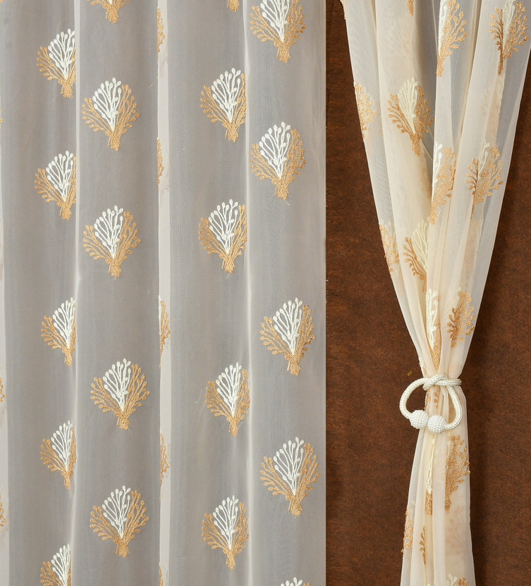Fabrilia 213 cm (7 ft) Door Tissue Transparent Curtain (Pack Of 2)(Cream, Embroidered)