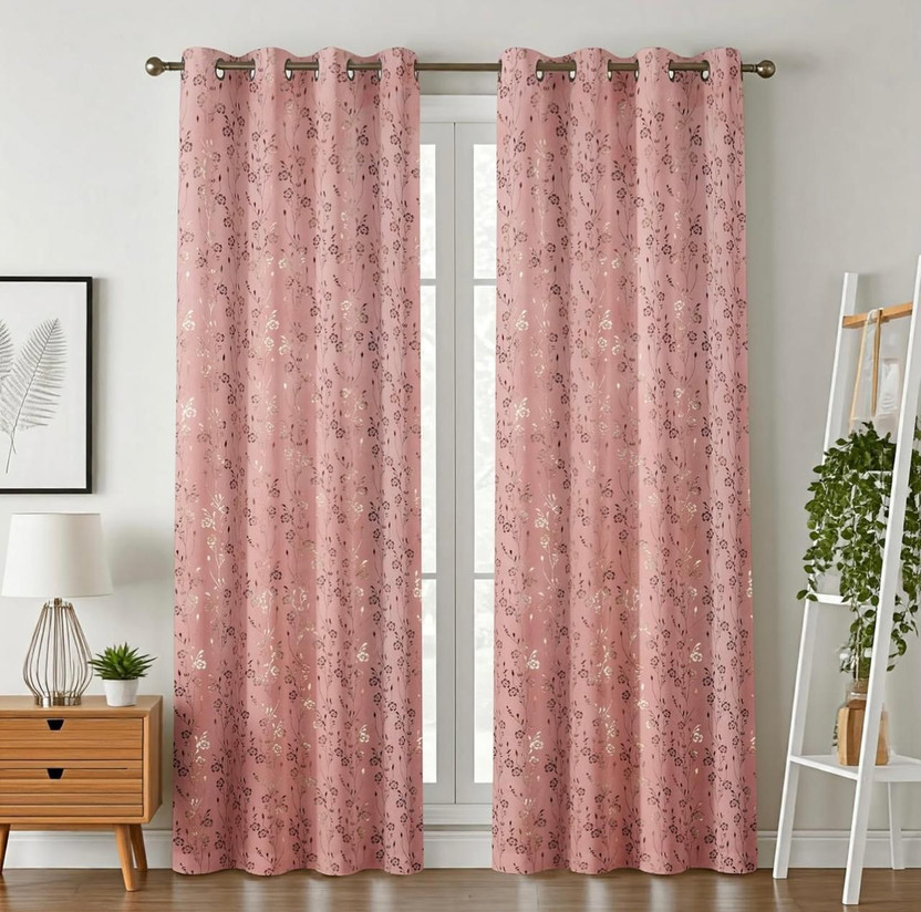 Easy To Shop 152.4 cm (5 ft) Long Door Velvet Blackout Curtain (Pack Of 2)(Pink Jasmin Leaf, Floral)