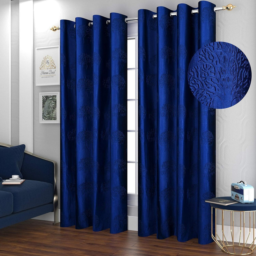 Cotton Bolls Textiles 150 cm (5 ft) Window Polyester Semi Transparent Curtain (Pack Of 2)(Navy, Floral)
