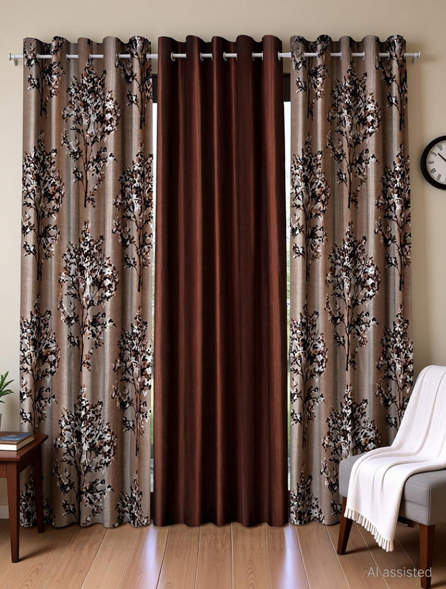 Fashion String 153 cm (5 ft) Window Polyester Semi Transparent Curtain (Pack Of 3)(Brown, Floral)