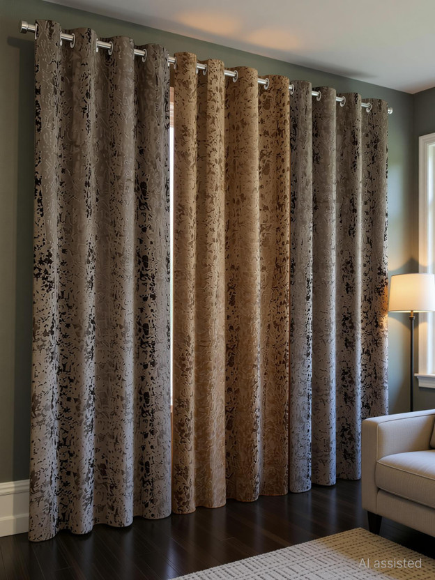 Home Stylish 274 cm (9 ft) Long Door Velvet Blackout Curtain (Pack Of 3)(Grey + Brown, Self Design)
