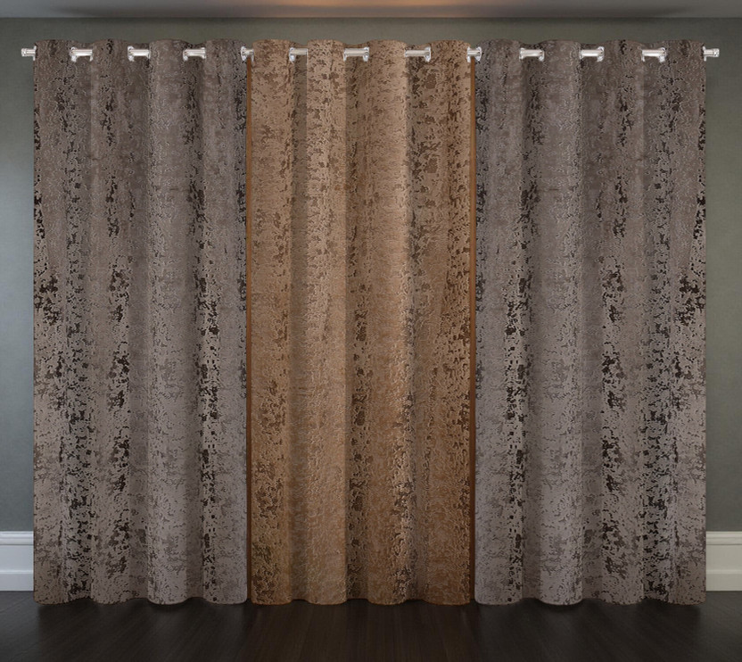 Home Stylish 213 cm (7 ft) Door Velvet Blackout Curtain (Pack Of 3)(Grey + Brown, Self Design)