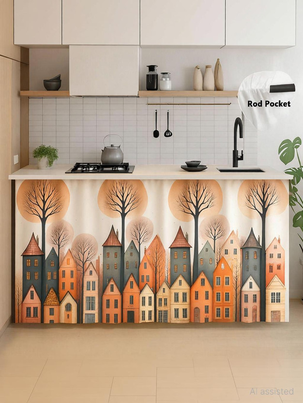 ANSHMJIMN 150 cm (5 ft) Kitchen Sink Polyester Blackout Curtain Single Curtain(Beige, Printed)