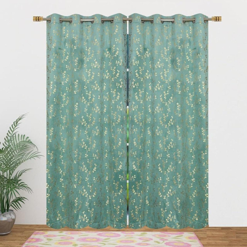 PAHUJA ENTERPRISES 274.32 cm (9 ft) Long Door Velvet Blackout Curtain (Pack Of 2)(Aqua blue, Floral)