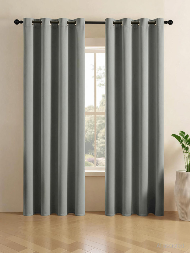 LINENWALAS 152.4 cm (5 ft) Window Polyester Blackout Curtain (Pack Of 2)(Pearl Grey, Plain)