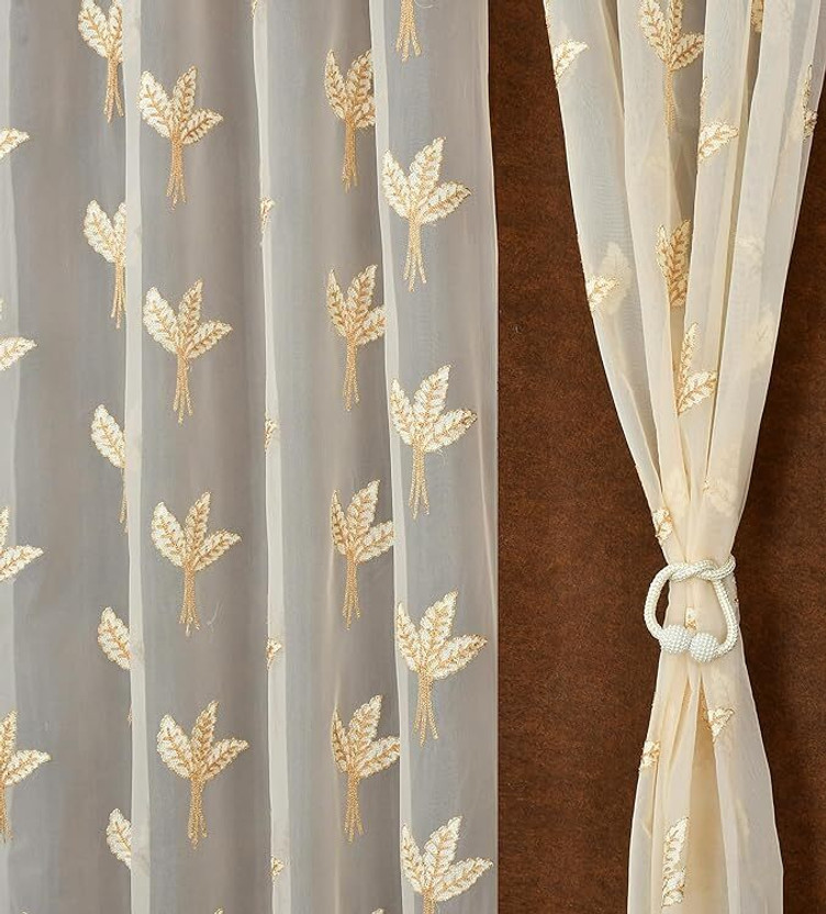 SHARAN CREATIONS 152 cm (5 ft) Window Polyester, Tissue Transparent Curtain (Pack Of 2)(Cream Leaf, Floral, Embroidered)