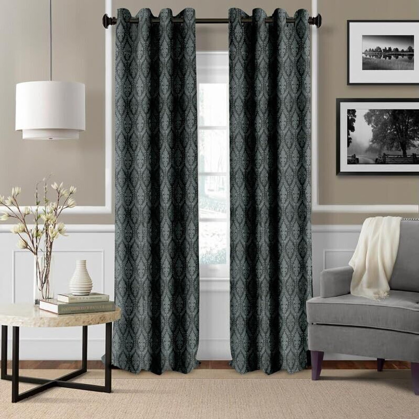 ZUDO THE CREATIVE HOMES 215 cm (7 ft) Long Door Polyester Blackout Curtain (Pack Of 2)(Charcoal Grey, Printed)