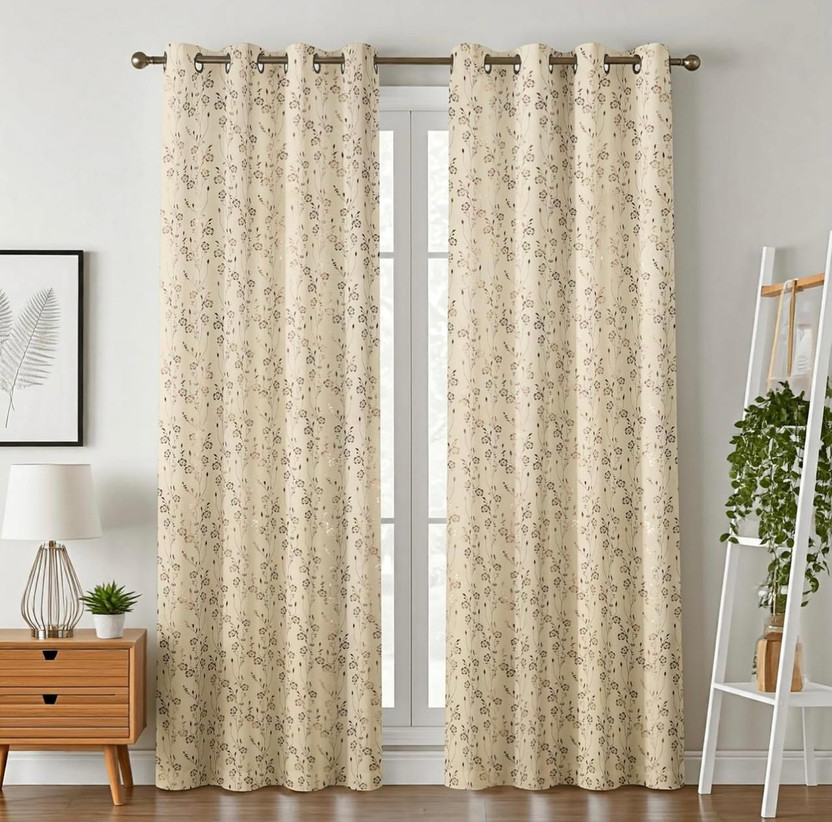 Easy To Shop 152.4 cm (5 ft) Window Velvet Blackout Curtain (Pack Of 2)(Cream Jesmin Leaf, Floral)