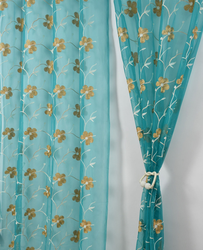 Homefab India 274.32 cm (9 ft) Long Door Polyester Transparent Curtain (Pack Of 2)(Aqua Blue, Floral)