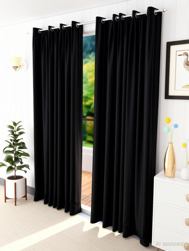 Fabrilia 152 cm (5 ft) Window Polyester Room Darkening Curtain (Pack Of 2)(Black, Plain)
