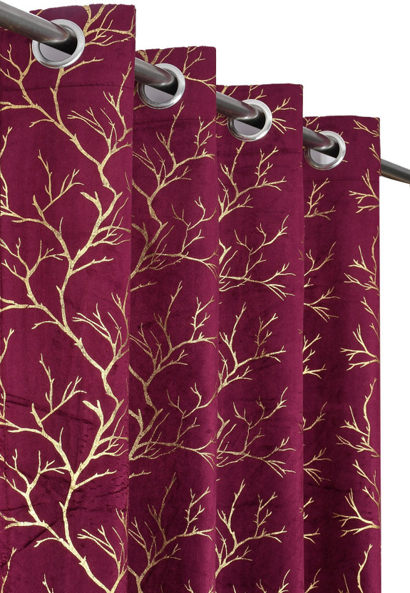 FABDRAPE 152.4 cm (5 ft) Window Velvet Room Darkening Curtain (Pack Of 2)(Wine, Printed)