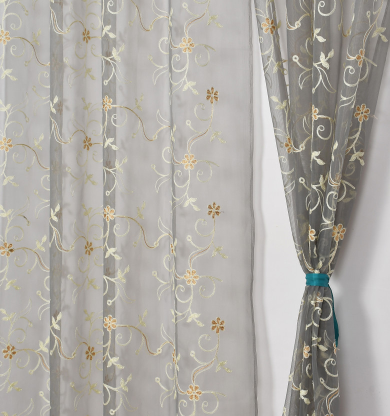 Fabrilia 213 cm (7 ft) Door Tissue Transparent Curtain (Pack Of 2)(Grey, Embroidered)