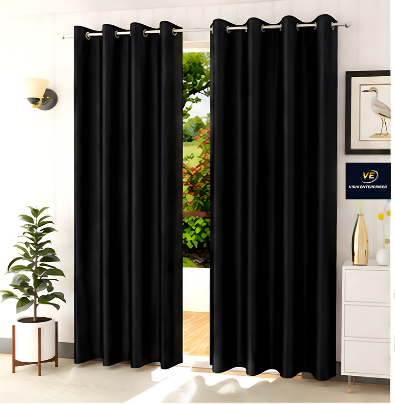 VEVIDHIENTERPRISES 152 cm (5 ft) Window Polyester Room Darkening Curtain (Pack Of 2)(Black, Plain, Solid)