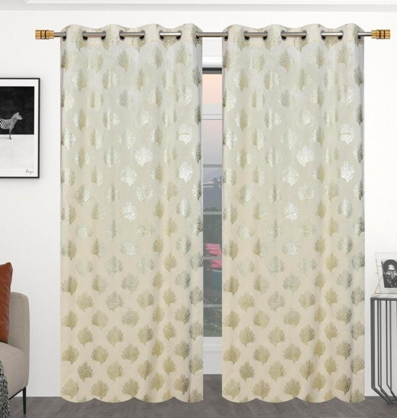 PAHUJA ENTERPRISES 152.4 cm (5 ft) Door Velvet Blackout Curtain (Pack Of 2)(White Big Leaf, Floral)