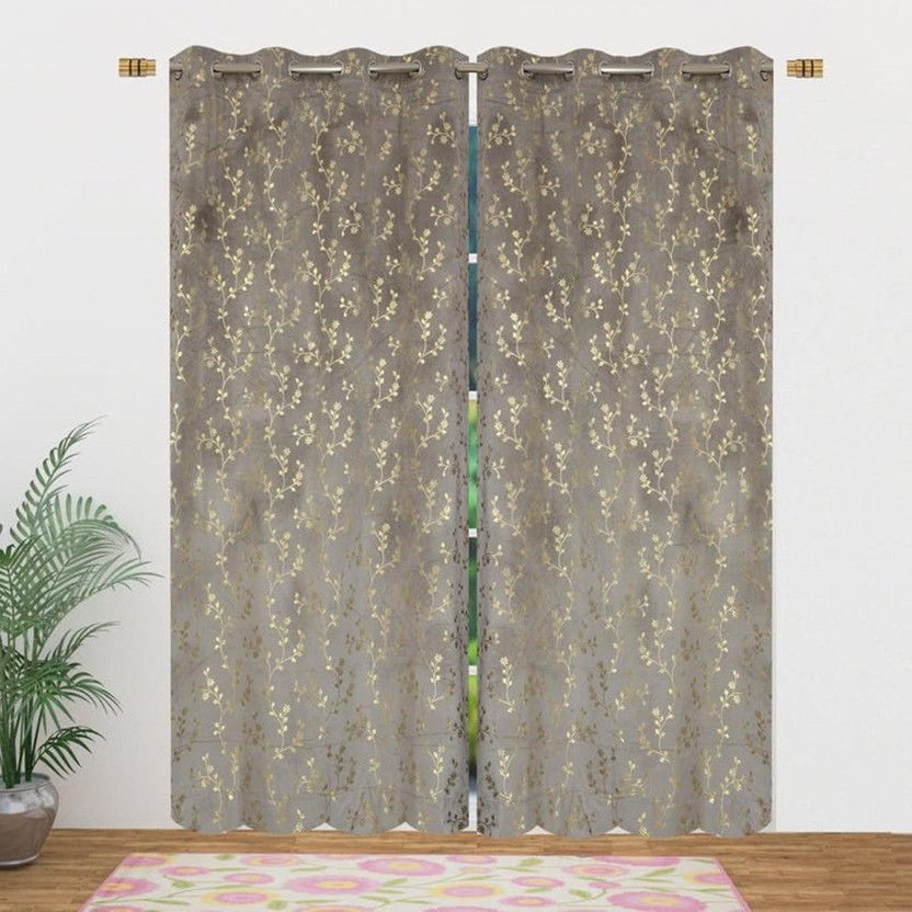 PAHUJA ENTERPRISES 274.32 cm (9 ft) Long Door Velvet Blackout Curtain (Pack Of 2)(Grey, Floral)