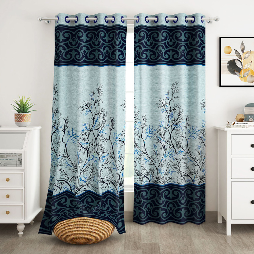 Story@home 215 cm (7 ft) Door Polyester Semi Transparent Curtain (Pack Of 2)(Blue, White, Printed)