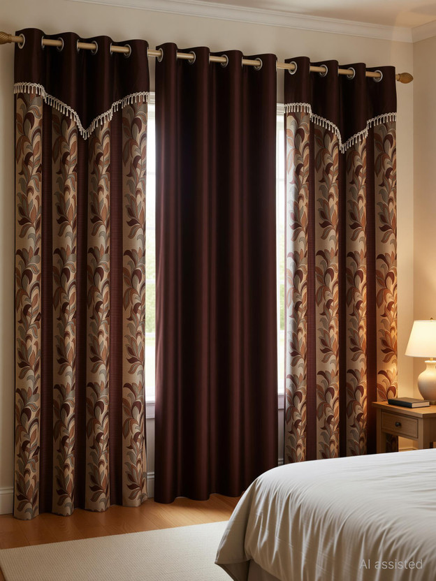 Stella Creations 275 cm (9 ft) Long Door Polyester Blackout Curtain (Pack Of 3)(Brown, Printed)