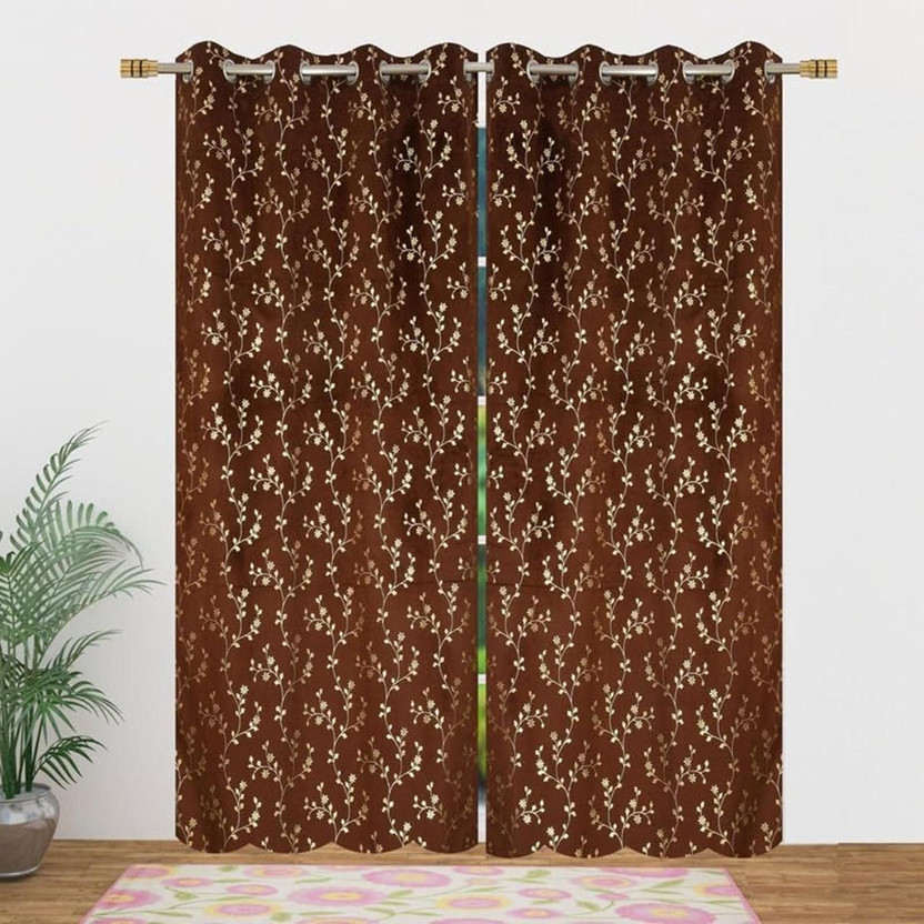 Shreeji Global 152.4 cm (5 ft) Window Velvet Blackout Curtain (Pack Of 2)(Brown, Floral)
