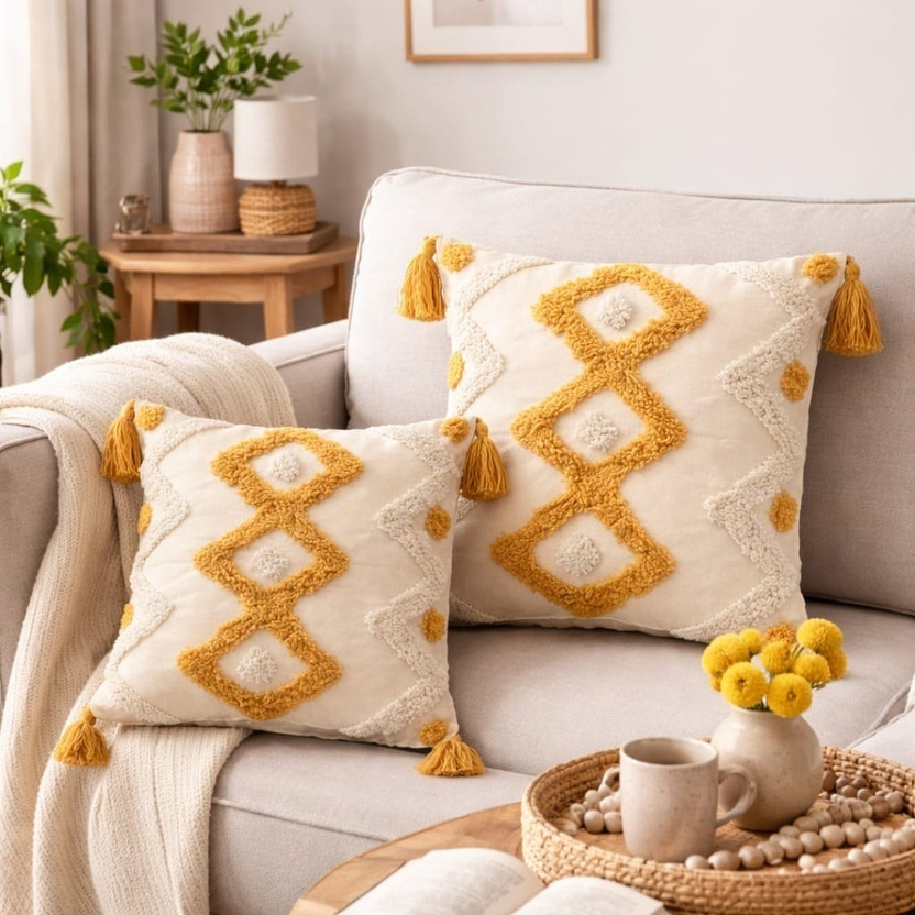 LoomCasa Cotton Cushions Cover(40 cm*40 cm, Yellow, White, Cream)
