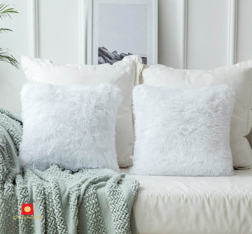 Wondershala Fur, Faux Silk, Microfiber Cushions Cover(45 cm*45 cm, Pack of 2, White)
