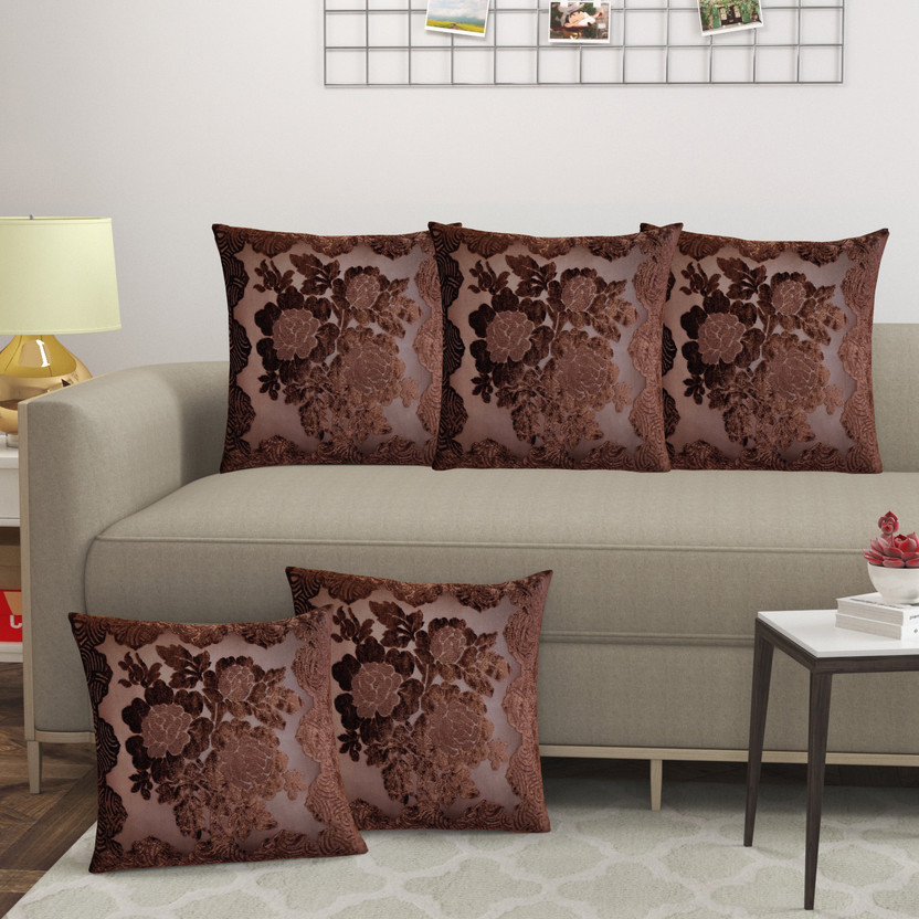 FABDORM Velvet Cushions Cover(40 cm*40 cm, Pack of 5, Brown)