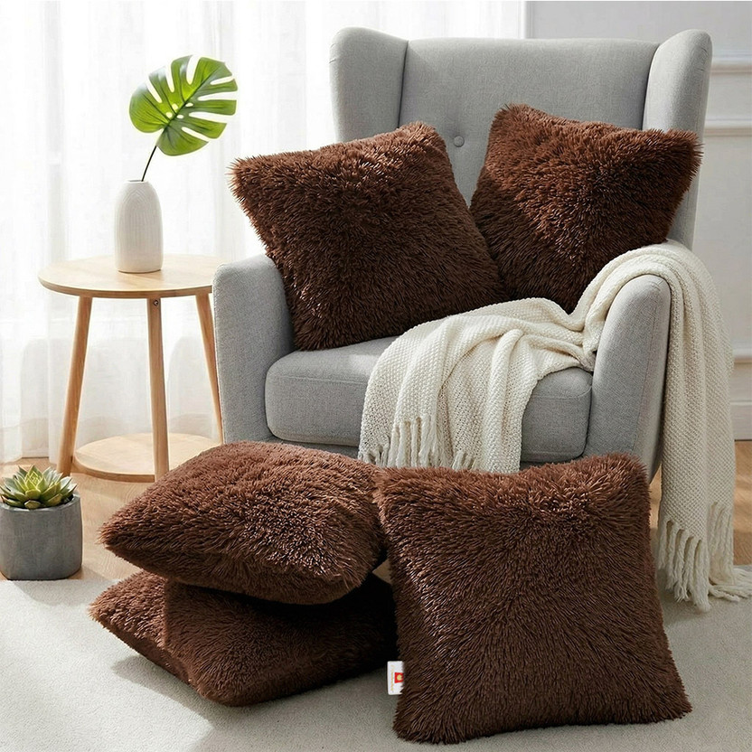 Wondershala Fur Cushions Cover(40 cm*40 cm, Pack of 5, Brown)