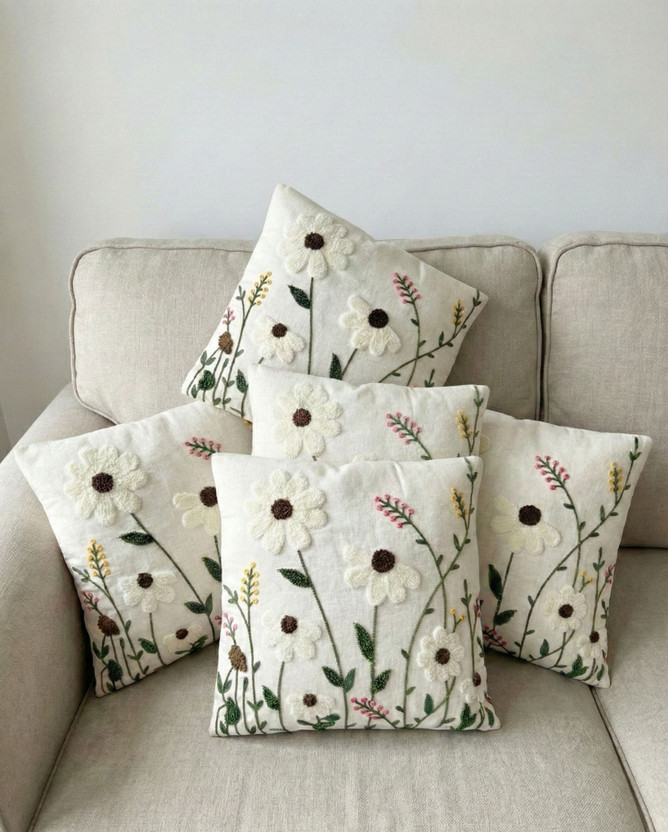 Softiq Velora Cotton Cushions Cover(40 cm*40 cm, Pack of 5, White)