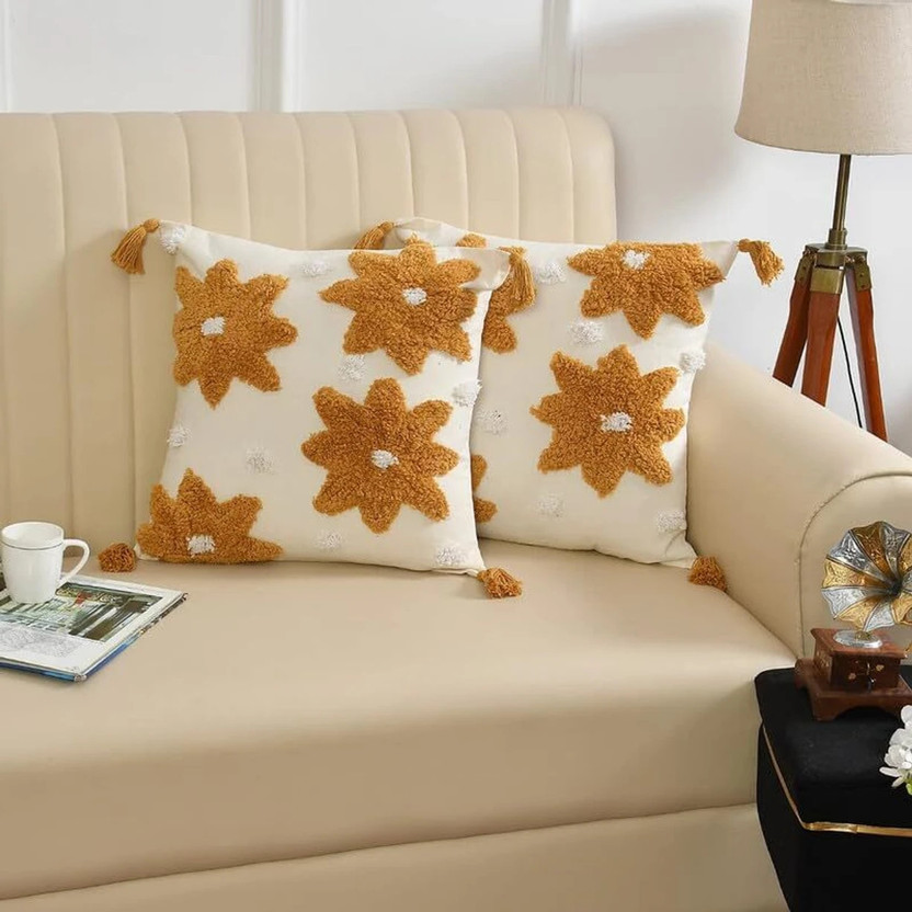 LoomCasa Cotton Cushions Cover(40 cm*40 cm, White, Beige)