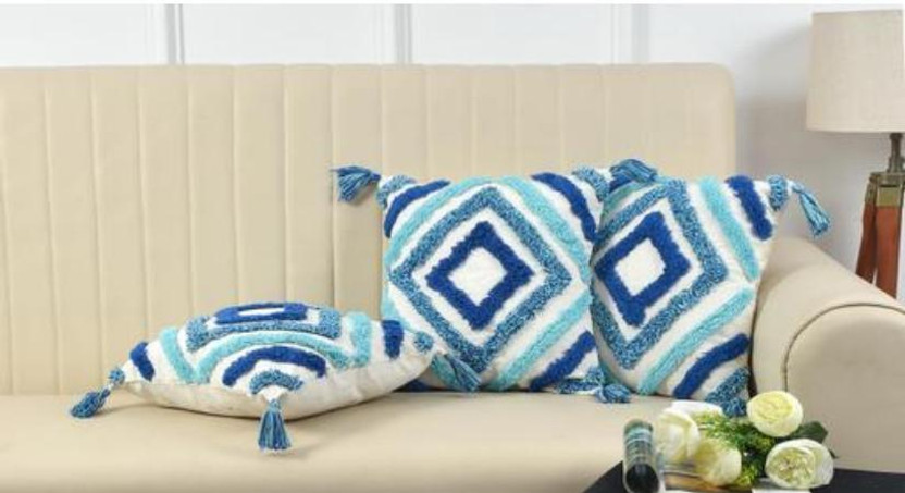 Vrinda fashionmart Cotton Cushions Cover(40 cm*40 cm, Pack of 3, Blue)