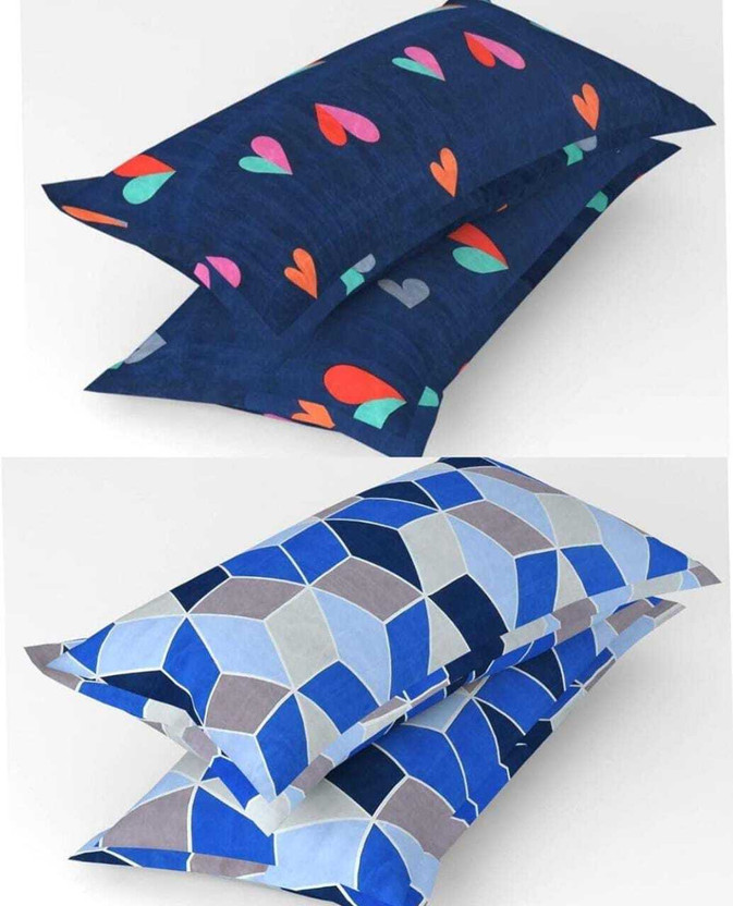 MSKtrend Cotton Pillows Cover(40 cm*62 cm, Pack of 4, Dark Blue, Light Blue)