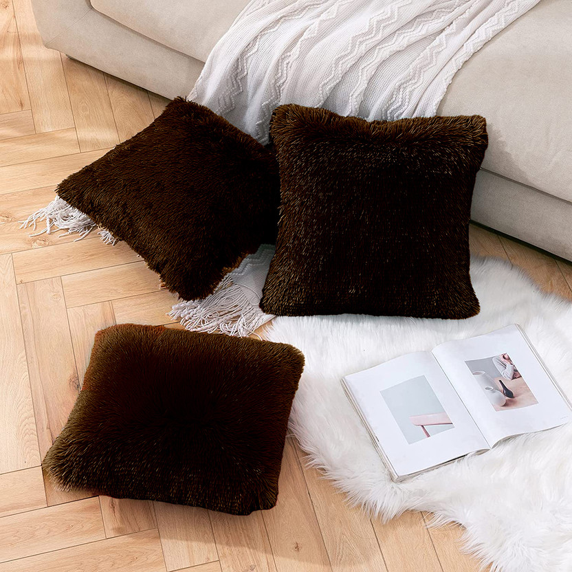 Cozyert Polyester, Fur Cushions & Pillows Cover(40 cm*40 cm, Pack of 3, Brown)