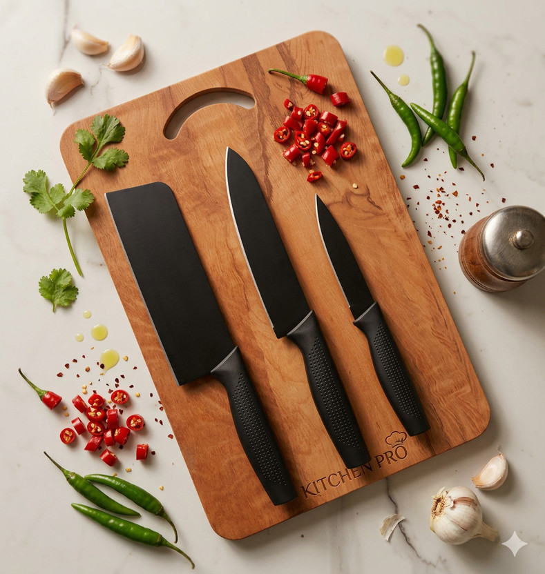 Fun Wooden Chopping Board With 3 Pic Knife Set Stainless Steel Wooden Cutting Board(Brown Pack of 4 Dishwasher Safe)