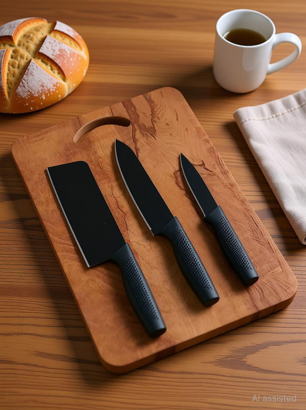 Earth Earth Chopping Board With 3 Pic Knife Set Stainless Stee Wooden Cutting Board(Brown Pack of 1 Dishwasher Safe) - Flipkart Deal