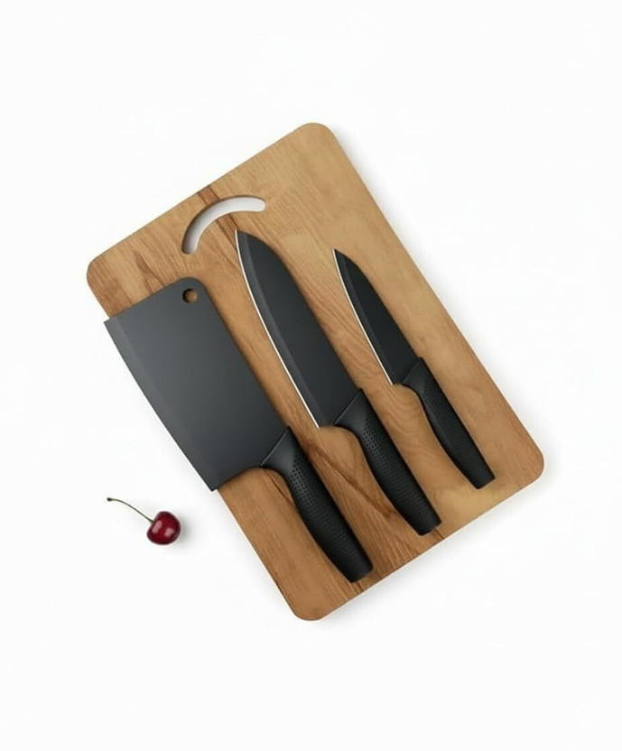 Fun Wooden Chopping Board With 3 Pic Knife Set Stainless Steel Wooden Cutting Board(Brown Pack of 4 Dishwasher Safe)