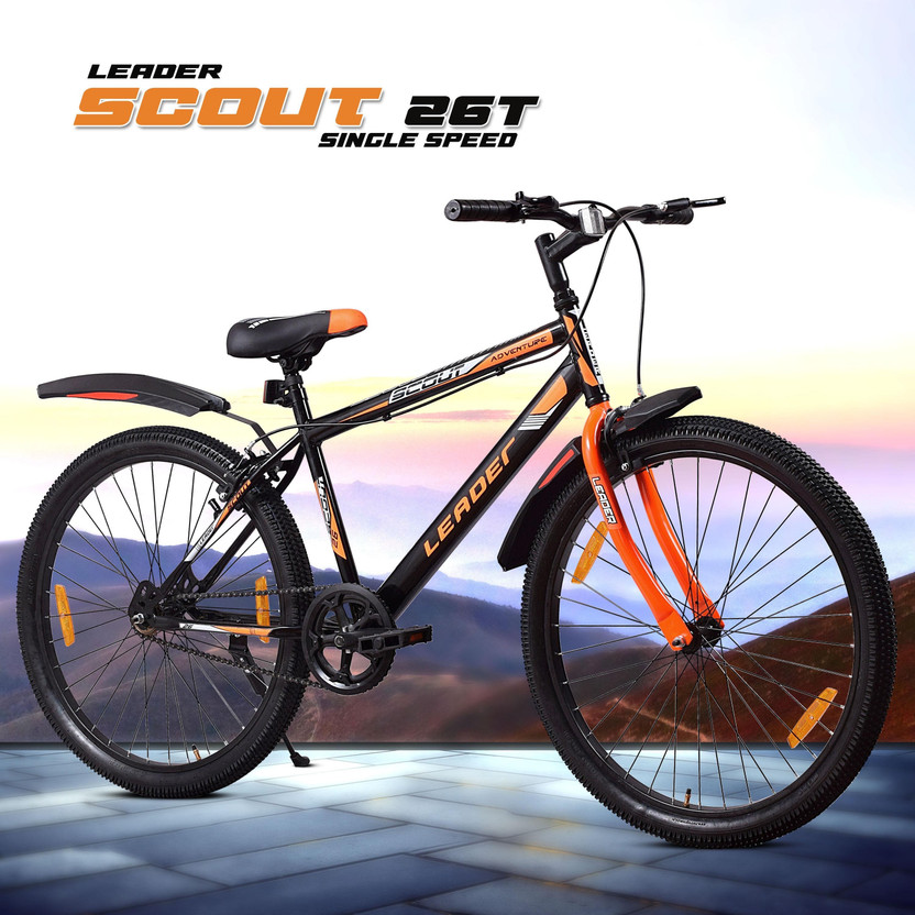 LEADER Scout MTB Mountain Bicycle without Gear for Men 26 T (inch) Mountain Cycle(Single Speed, Black, Rigid)