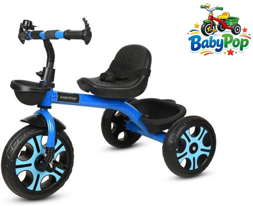 BABYPOP Tricycle with Dual Storage Basket | Chrome wheels and Seatbelt 10 T (inch) Hybrid Cycle/City Bike(Single Speed, Blue, Dual Suspension)