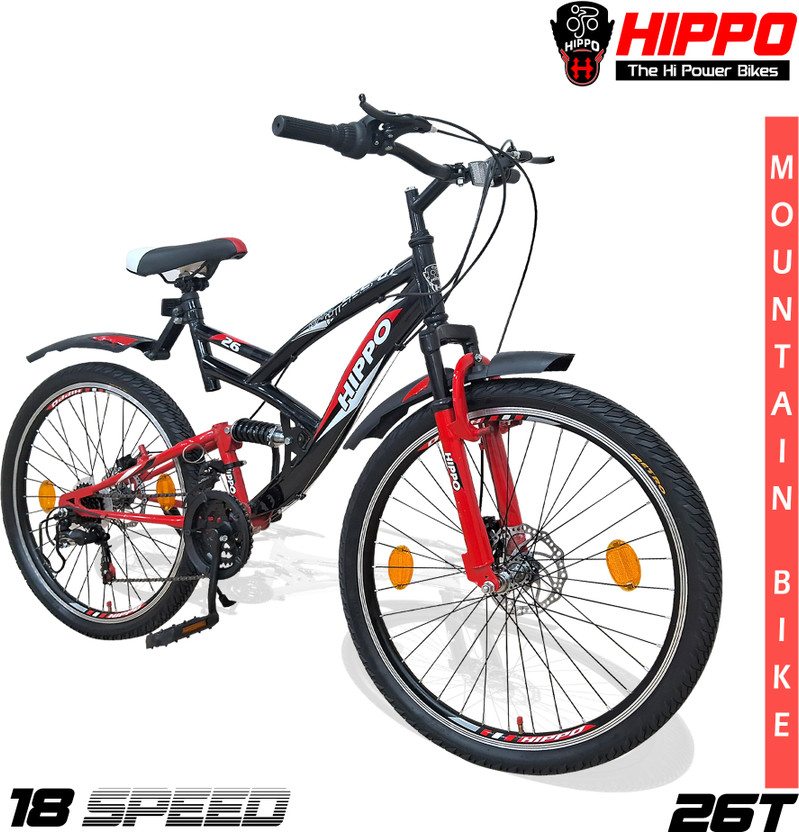 HippoBikes ACE-007 Multi-Speed Dual Suspension MTB Double-Wall Alloy Rims Dual Disc Brakes 26 T (inch) Mountain Cycle(18 Gear, Red, Black, Dual Suspension)