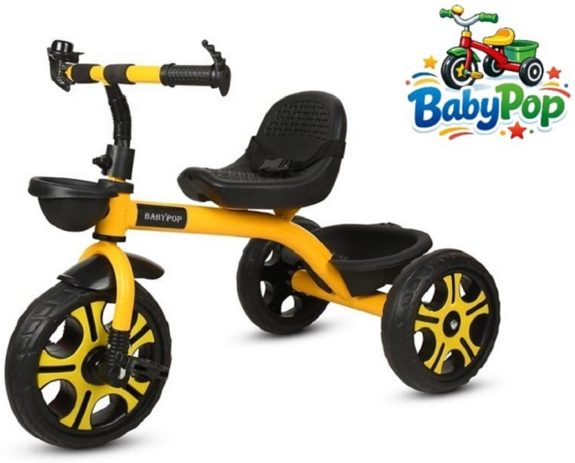 BABYPOP Tricycle with Dual Storage Basket | Chrome wheels and Seatbelt 10 T (inch) Hybrid Cycle/City Bike(Single Speed, Yellow, Dual Suspension)