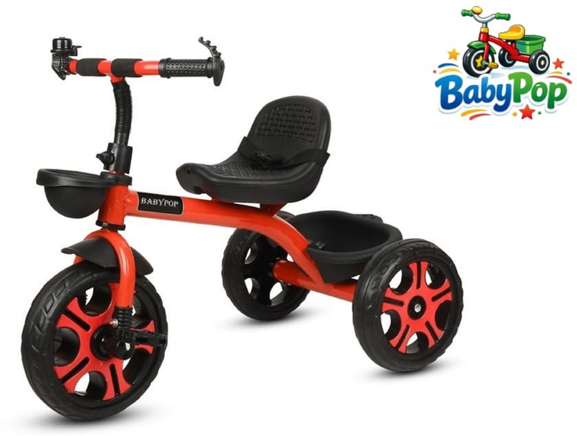 BABYPOP Tricycle with Dual Storage Basket | Chrome wheels and Seatbelt 10 T (inch) Hybrid Cycle/City Bike(Single Speed, Red, Dual Suspension)